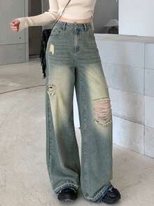 DAZY Women's Loose Fit Distressed Washed Copper Tone Denim Jeans - Black - View 4