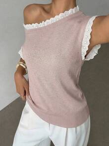 Selianne Spring/Summer Commute Casual Vacation Lotus Pink Lace Trim Solid Color Knit Pullover Sweater For Women - Dusty Pink - View 1