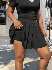 Muchica Plus Size Women 2pcs/Set Contrast Color Polo T-Shirt & Pleated Mini Skirt,Black And White,Summer,Casual,Bussines,School,Back-To-School - Black and White - View 2