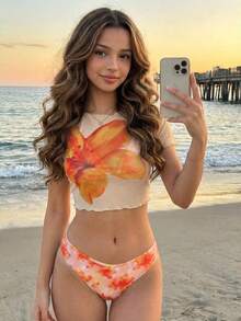 SHEIN Bộ bikini 3 món mùa hè cho bé gái và thiếu niên, áo thun in hoa màu cam và đồ bơi, thích hợp cho bãi biển và kỳ nghỉ theo phong cách Bohemian. - Nhiều màu - Xem 1