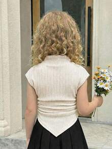 SHEIN Serisse Kids 女童休闲立领不对称下摆短袖T恤 - 白色 - 查看 3