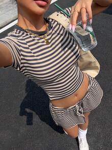 Muchica Striped Knit Shorts Sleeves Top & Stripes Shorts , Women Casual Suit,Going Out Set,Summer Outfit For Women - Multicolor - View 1