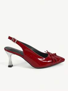 CUCCOO CHICEST Sapatos Femininos: Mini Laço Decorativo Bico Fino Salto Agulha Metalizado Prata, Sapatos Slingback de Couro Sintético Vermelhos Altos Elegantes e Únicos com Estilo Punk para Moda de Rua, Transporte, Festa de Natal e Ano Novo, Clima de Outono e Inverno - Vermelho - Visão 7