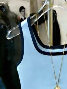 Resyla Mejor vendido Camiseta de tirantes ajustada con cuello de escote y ribete de contraste para mujeres - Celeste - Ver 3