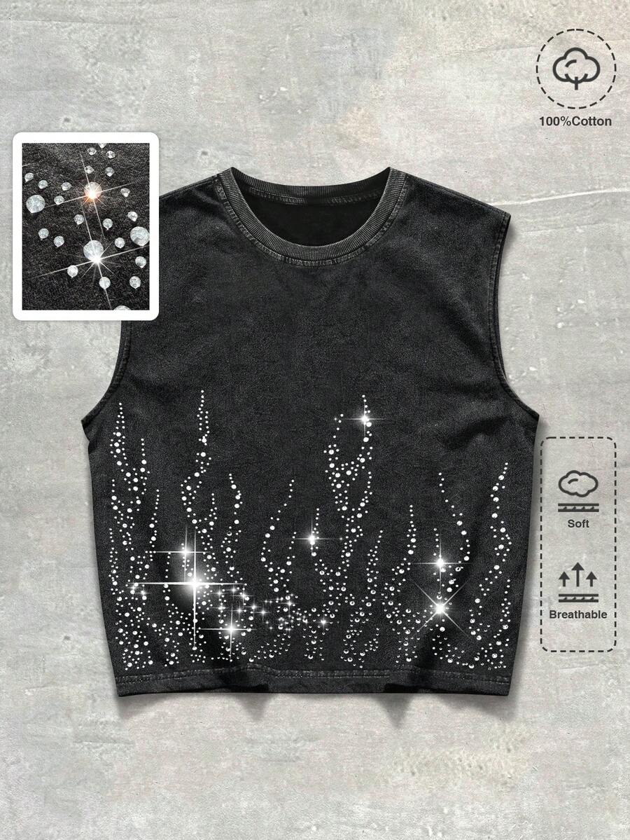 ROMWE MEN Men's Rhinestone Decor Round Neck Casual Sleeveless Tank Top For Summer - Black - View 1
