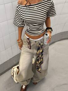 StreetHx Sexy Casual Striped Off-Shoulder Crop Top, Ruched Side Slim Fit Short Sleeve T-Shirt For Women - Multicolor - View 5