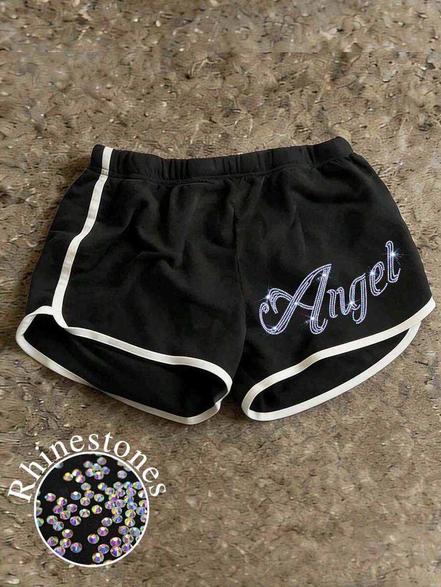 Glimmora Y2K 女士水钻天使闪亮短裤，女士休闲短裤，适合夏季外出、派对和日常穿着 - 黑色 - 查看 1