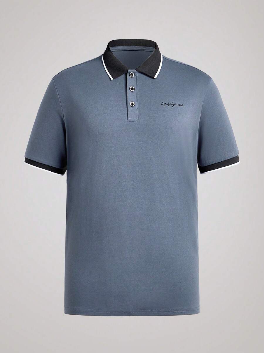 Officeau 男士休闲撞色边蓝色 Polo 衫，夏季 - 深灰色 - 查看 1