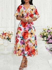 SHEIN Lady Women's Casual Vacation Style V-Neck Batwing Sleeve Dress - Multicolor - View 5