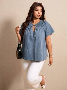 Elaquor Plus Size Dark Blue Summer Boho Vacation Washed Drawstring Blouse, Casual Business Office Work Travel Blouse For Women, Modern Top For Woman - Blue - View 5