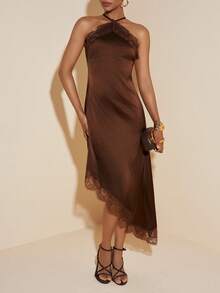 Zivah 2026 Spring/Summer New Music Festival, Easter, St. Patrick's Day, Valentine's Day, Date, Western, Nomadic, Birthday Party, Graduation, College, Student, Daily Casual, Basic Versatile, Leisure, Cruise Travel, Beach, Sunbathing, Viral , Streetwear, Wedding Guest, Commute, Brunch, Airport, Party, Holiday Outing, Office Wear, Spaghetti Strap Sleeveless Camisole Asymmetric Hem Long Lace Brown Satin Shiny Backless Dress - Brown - View 7