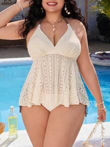 Swim Mod Plus Size Women 2pcs Solid Color Tankini Swimsuit With Tummy Control, Suitable For Beach & Holiday - Apricot - View 3