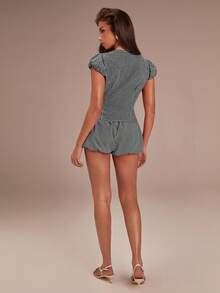 Athîral Quần short nữ mùa hè họa tiết kẻ caro dáng phồng - Đen và trắng - Xem 2