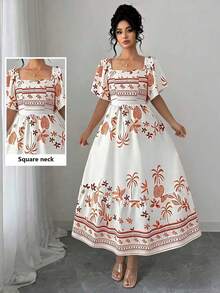 Elenzga Plus Size Elegant Square Neck Leaf Floral Print Back Ruched Waist Short Sleeve Ruffle Hem Maxi Dress Short Sleeve Digital Print Waist Cinched Midi Dress - Multicolor - View 1