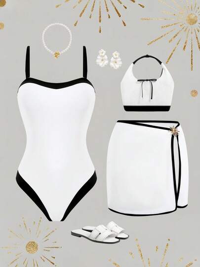 Bonvoyette 春夏新款女士连体泳衣高端套装，米色撞色设计，黑色滚边连体泳衣，侧边金属装饰开衩裙摆两件套泳衣，适合海滩、泳池、度假村、派对等场合。