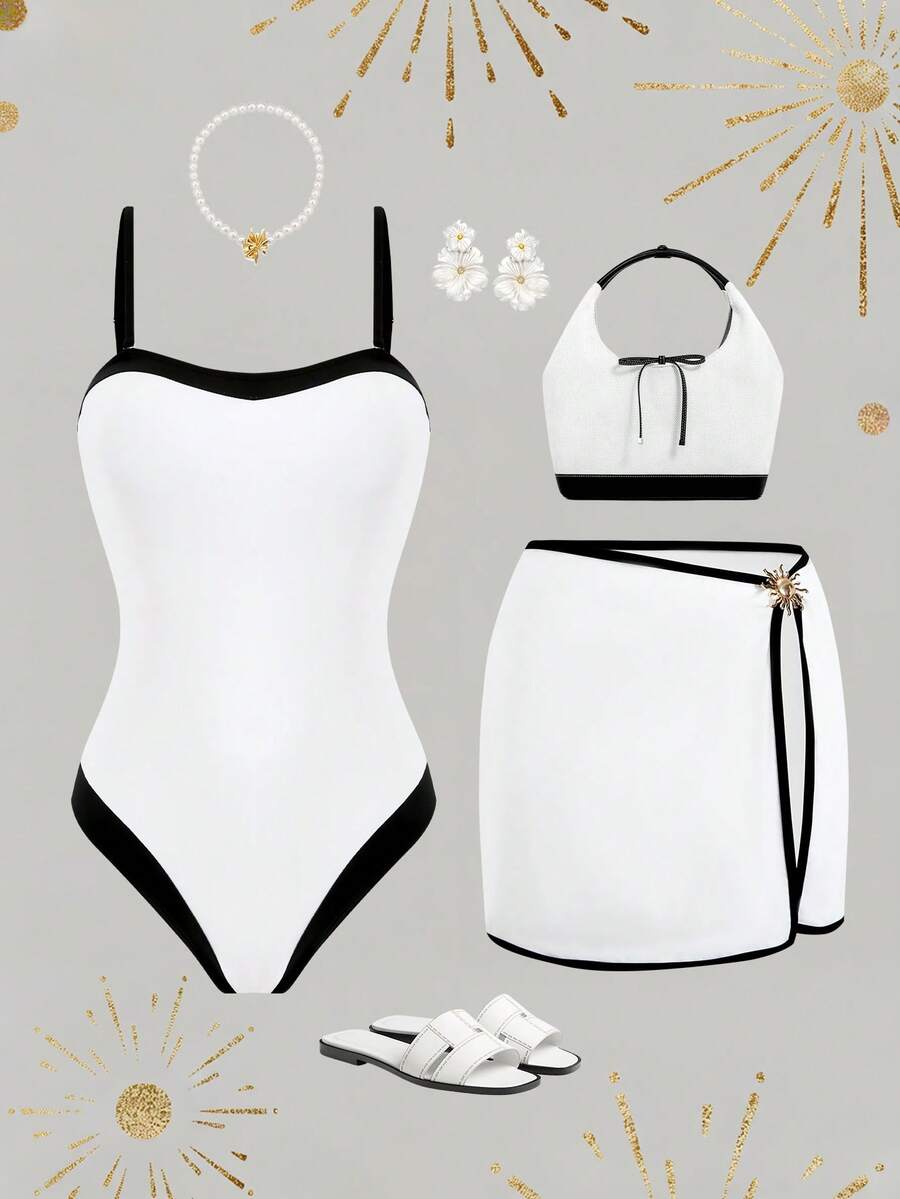 Swim Oasis 春夏新款女士连体泳衣高端套装，米色撞色设计，黑色滚边连体泳衣，侧边金属装饰开衩裙摆两件套泳衣，适合海滩、泳池、度假村、派对等场合。 - 白色 - 查看 1