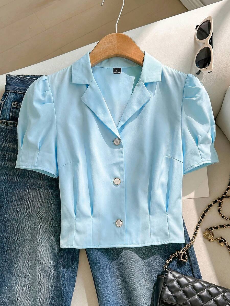 SHEIN Comfortcana Áo sơ mi cài cúc tay cánh hoa màu xanh nhạt, cổ bẻ, thích hợp cho mùa hè. - Màu xanh nhạt - Xem 1