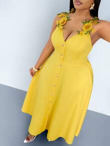 SOLERSUN Plus Size Women's Summer Elegant Yellow V-Neck Sleeveless Maxi Dress,3D Floral Embroidered Lace,A-Line Waist Cinched Vacation Holiday Resort Outfits - Yellow - View 2