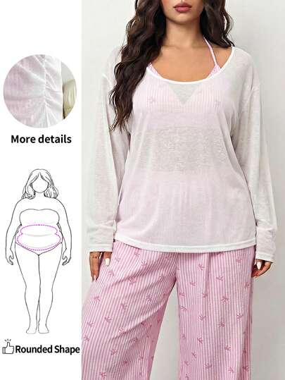 Enliva 大码女装春夏时尚休闲宽松舒适日常白色长袖透明防晒T恤和粉色比基尼和阔腿裤三件套，曲线可爱服装，度假服装，女士海滩服装，夏威夷服装女士，巡航女士服装，Y2k服装