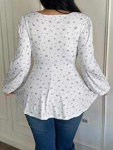 Sunnyshic Große Größen Quadratischer Kragen Volant Patchwork Blümchen Lange Puffärmel A-Linie Elegantes Vintage Lässig Süßes Party T-Shirt für Frauen - Weiss - Übersicht 2