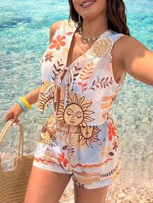 SHEIN EZwear 大尺碼女款白色夏季波西米亞風海灘度假太陽臉印花前綁帶無袖上衣與短褲套裝，夏威夷度假穿搭 2 件式海灘套裝 - 彩色 - 查看 1