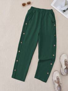 EMERY ROSE Women's Solid Color Elastic Waist Slant Pocket Button Decor Pants - Dark Green - View 6