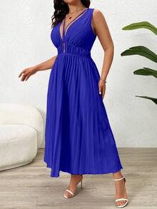 SHEIN Clasi Đầm maxi dài không tay, màu trơn, buộc dây sau, xếp ly, khoét lỗ dành cho nữ, cỡ lớn. - Xanh đậm - Xem 4