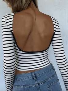 INAWLY Women's Elegant Casual Open Back Striped Long Sleeve T-Shirt Undershirt - Black and White - View 3