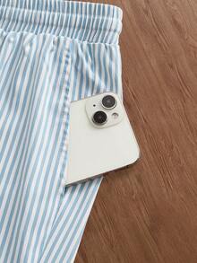 SWAVVY Men's Letter Print Striped Drawstring Waist Casual Shorts, Summer - Blue - View 5