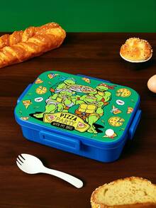 TEENAGE MUTANT NINJA TURTLES | SHEIN 1100ml Cartoon Pattern Leak-Proof Three-Grid Bento Box, Durable And Anti-Drop, With Tableware And Forks, A Must For School - Multicolor - View 5