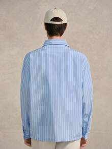 Courvante Men's Drop Shoulder Vertical Stripe Long Sleeve Shirt With Los Angeles Embroidery, Autumn Casual Streetwear For Everyday & Campus Style, Perfect Gift For Boyfriend Blue Striped Shirt Light Blue Button Up Men Striped Button-Down Men Cityboy 2000s Style, Fall Tennis Preppy, Golf, Father's Day Gift - Blue and White - View 2
