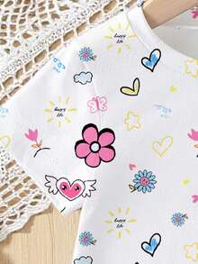 Áo thun ngắn tay cổ tròn in hình trái tim và hoa tối giản cho bé gái, thích hợp mặc vào mùa xuân, hè và thu. - Nhiều màu - Xem 6