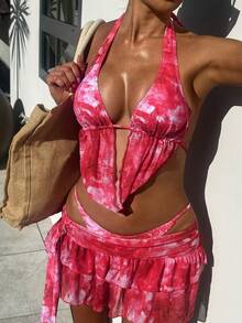 Bellisia 女士夏季沙滩扎染露背性感比基尼套装，含罩衫和裙子 - 彩色 - 查看 3