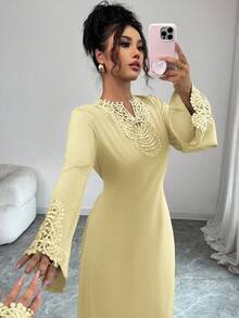 Rafferiza Bata de mujer de manga larga con cuello en V y volantes en el bajo, bata turca, bata árabe - Amarillo claro - Ver 4