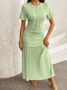 Modelyn Women's Elegant Pink Textured Short Sleeve Jacket And Pleated Skirt 2 Pieces Set - Green - View 6