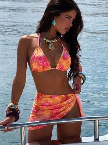Swim Vcay 女士夏季沙滩度假印花露背系带性感比基尼三件套 - 彩色 - 查看 8