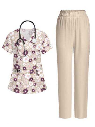 PopScrub 2pcs/Set Women's V-Neck Short Sleeve Pocket Ear Hanging Split Design Floral Print Top And Pants, Spring/Summer Nurse Uniform, Casual Outfit, Uniform Set