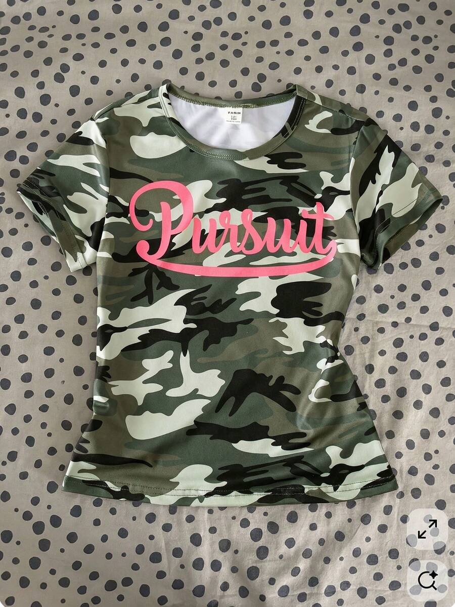 SHEIN Áo thun ngắn tay cổ tròn in chữ họa tiết rằn ri dành cho bé gái tuổi teen - xanh quân đội - Xem 1