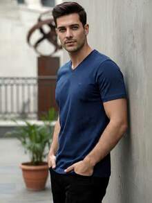 Playera para Caballero Cuello en V Manga Corta Casual Primavera Verano - Azul Marino - Ver 6