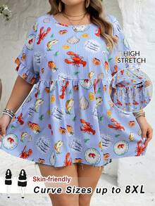 SHEIN CURVE+ 加大码 US22 音乐节、海滨度假、波西米亚风印花休闲度假衬衫 夏季/乡村/海滩度假/沙滩装、夏季上衣 - 藍色 - 查看 11