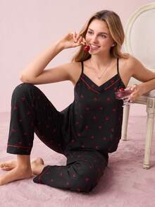 Bonmuse Cherry Print Cami Top And Pants Women Summer Sleepwear Pajama Set - Black - View 1