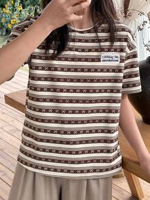 DAZY 少女条纹极简主义T恤，秋季款 - 棕色 - 查看 7