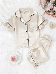 2件套女童纯色荷叶边短袖上衣和裤子家居服套装，春夏款 - 香檳色 - 查看 1