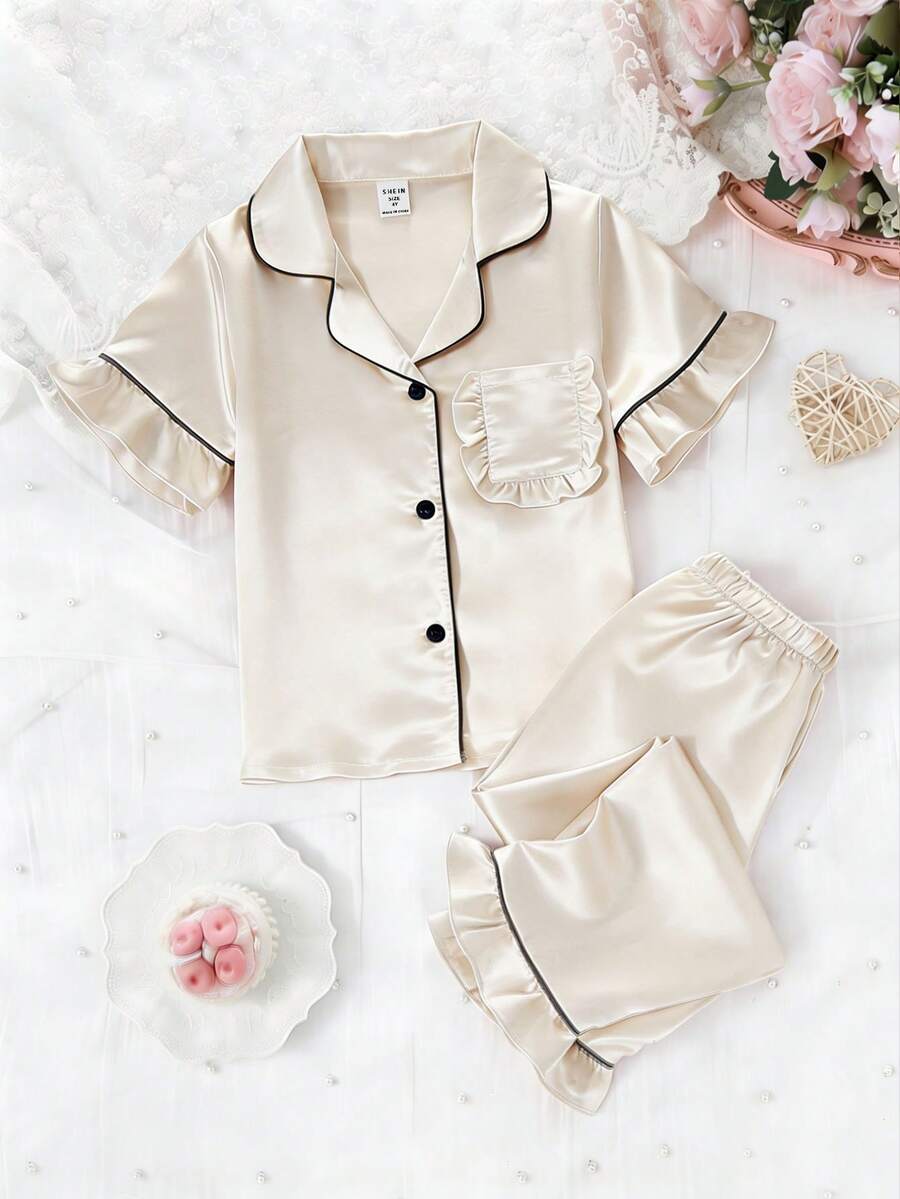 2件套女童纯色荷叶边短袖上衣和裤子家居服套装，春夏款 - 香檳色 - 查看 1