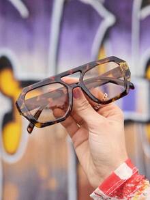 1 Pair Women's Leopard Print Polygon PC Frame Retro Double Bridge Fashionable Casual Style Glasses - Multicolor - View 1