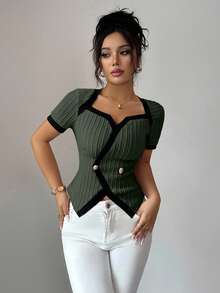 Elenzga Women's Retro Colorblock Asymmetrical Design Short Sleeve T-Shirt - Green - View 6
