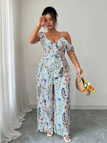 Selianne Women's Plus Size Floral Print Off-Shoulder Ruffle Jumpsuit,Light Blue Summer Boho Tea Party Wide Leg Spaghetti Strap Casual Romper Outfit - Blue - View 6