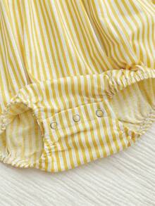 新生女宝宝可爱夏季休闲度假条纹荷叶边无袖连体衣 - 黃色 - 查看 4