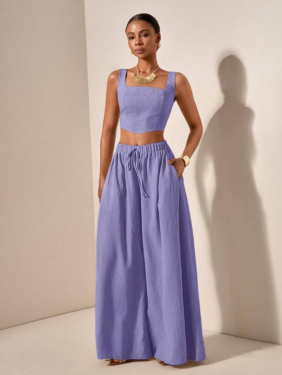 Zivah Women's 2 Pieces Set Purple Summer Tropical Holiday Vacation Holiday,Fishbone Strap Top And Wide Leg Pants With Pockets,Textured Casual Work Outfits - Mauve Purple - View 1