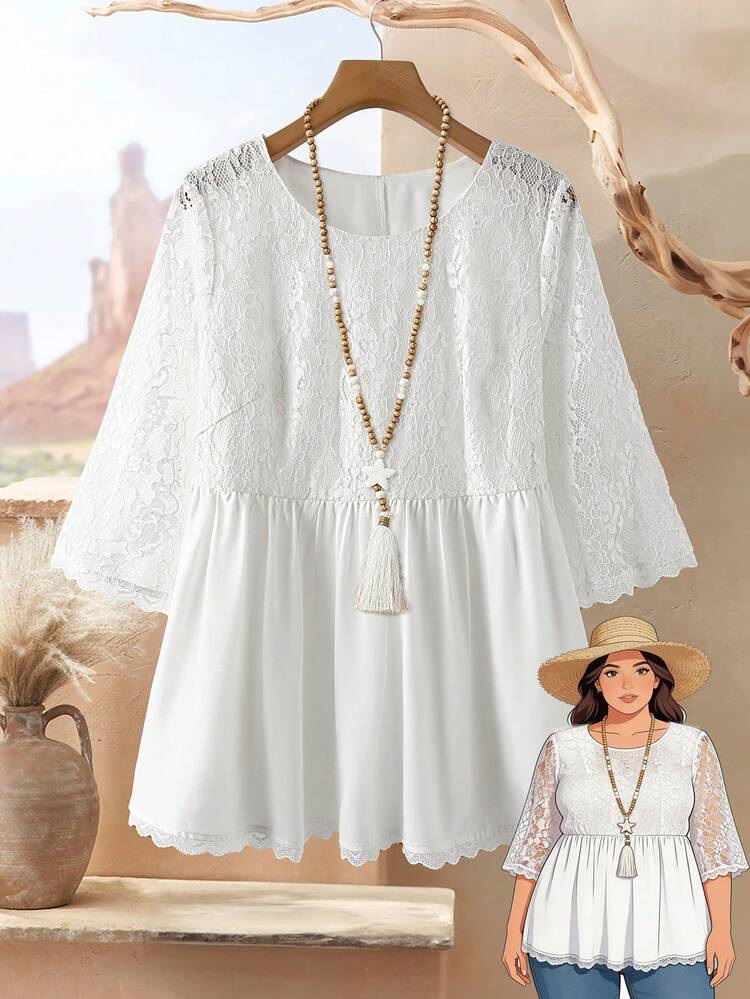 Plus Size Women Contrast Lace Round Neck 3/4 Sleeve Ruffle Hem Loose Blouse/Summer/Vacation,Spring Clothes, Beach Vacation Outfits For Women ,Vacation Outfits Women , White Top, Peplum Top,White Shirt, Vacation Outfits Women Boho Lace Top White Blouse White Casual Top White Lace Top White Boho Top White Peplum Top Lace Sleeve Top White Crochet Top White Beachy Top Boho Chic Women's Clothing Boho Outfit For Women Conservative Top Summer Outfit For Women Beach Outfit For Women,Country Outfits For Women Women's Summer Outfits Women's Western Outfits Women Vacation Outfit Sets